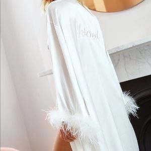 Hitched Embroidered White Satin Robe with Feathers